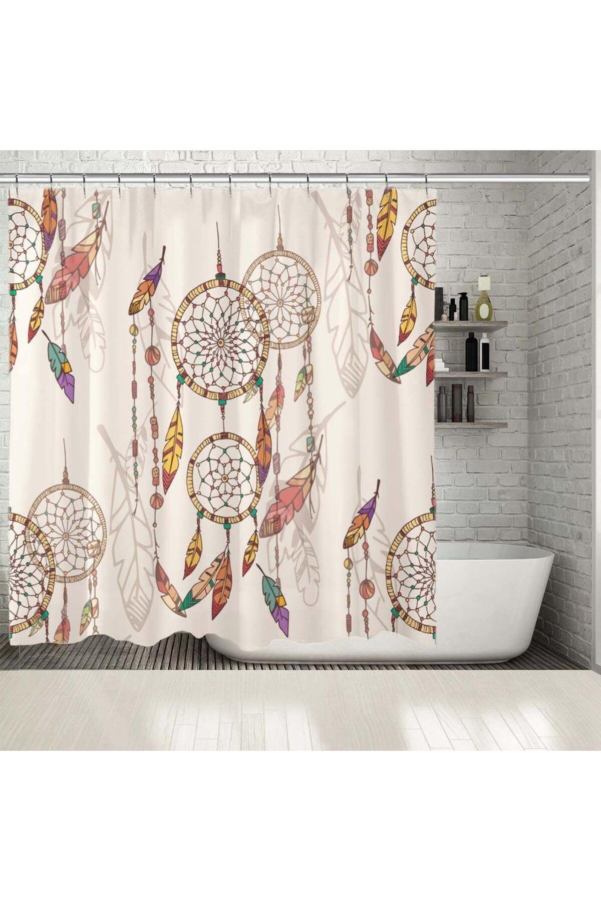 Henge Home Baskılı Duş Perde Rüya Kapanı Desenli Tüy Kahverengi Sarı Mor