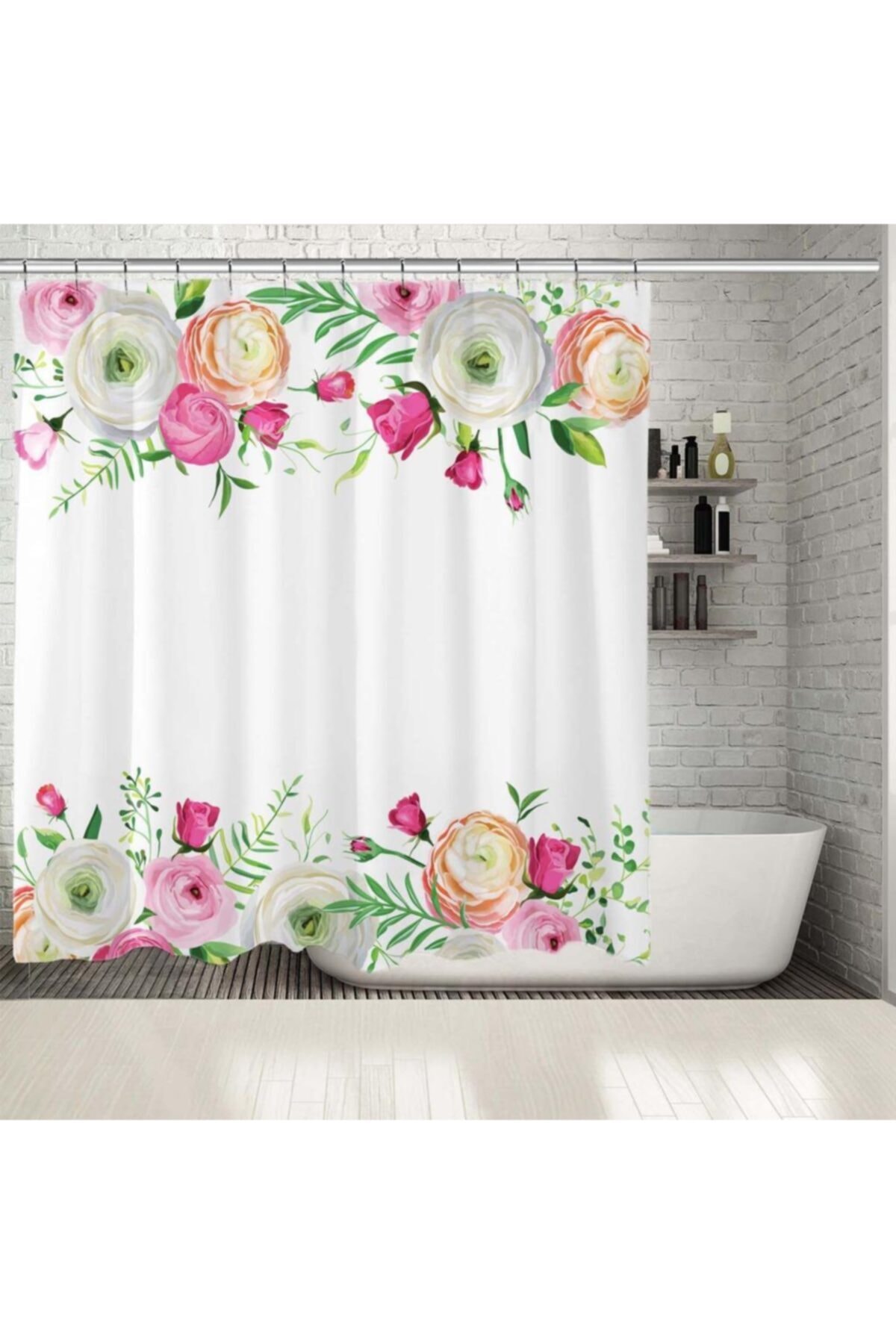 Henge Home Baskılı Duş Perde Bahar Yaz Çiçek Desenli Pembe Beyaz