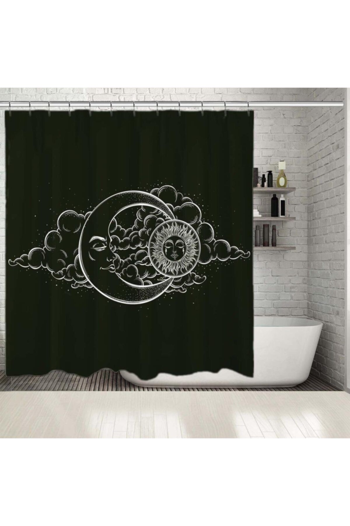 Henge Home Baskılı Duş Perde Siyah Arka Plan Etkili Ay Ve Güneş Desenli