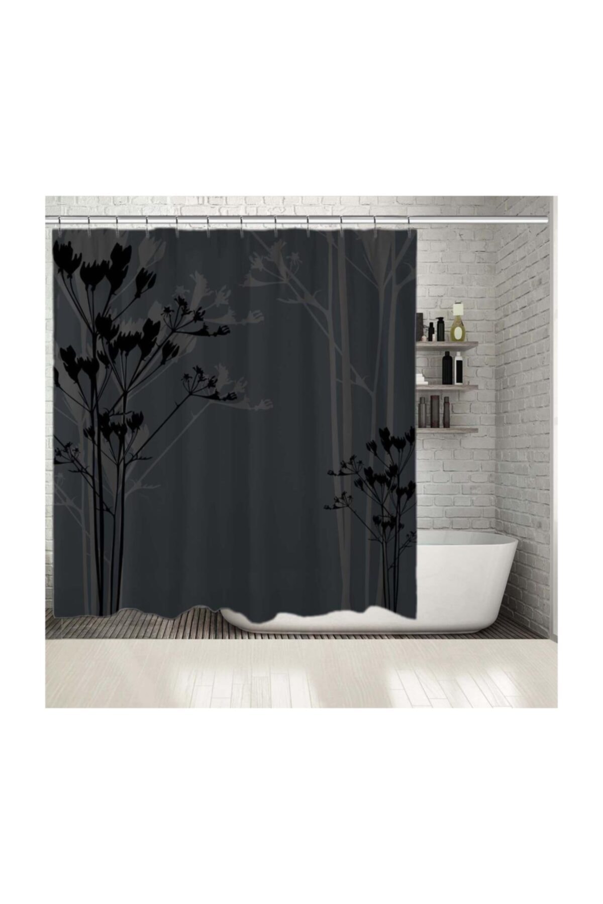 Henge Home Baskılı Duş Perde Gri Arka Planlı Siyah Açğaç Dal Desenli