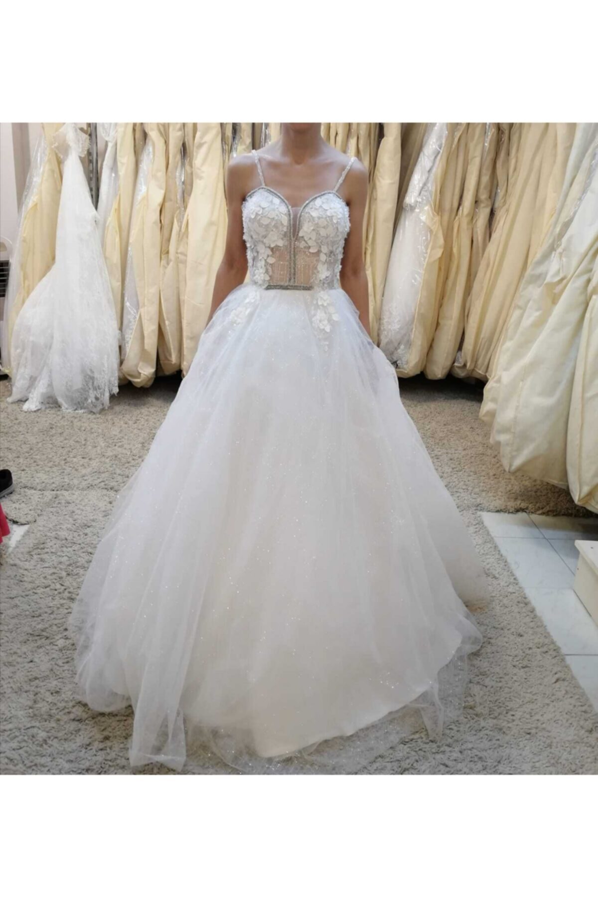 GELİNLİK VE MODA Kadın Beyaz İnce Askılı Helen Gelinlik - 4003