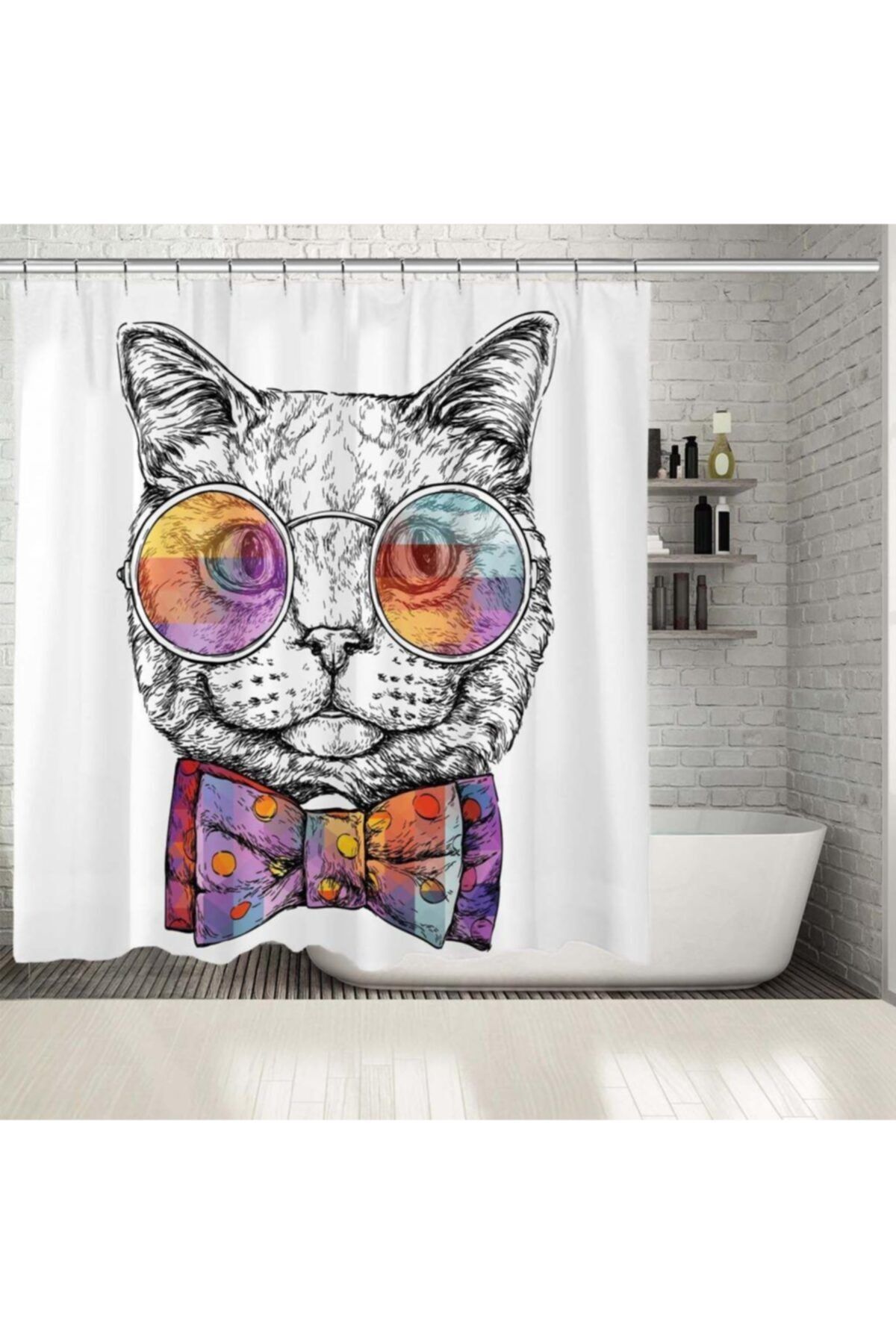 Henge Home Baskılı Duş Perde Papyon Gözlüklü Kedi Desenli Çok Renkli