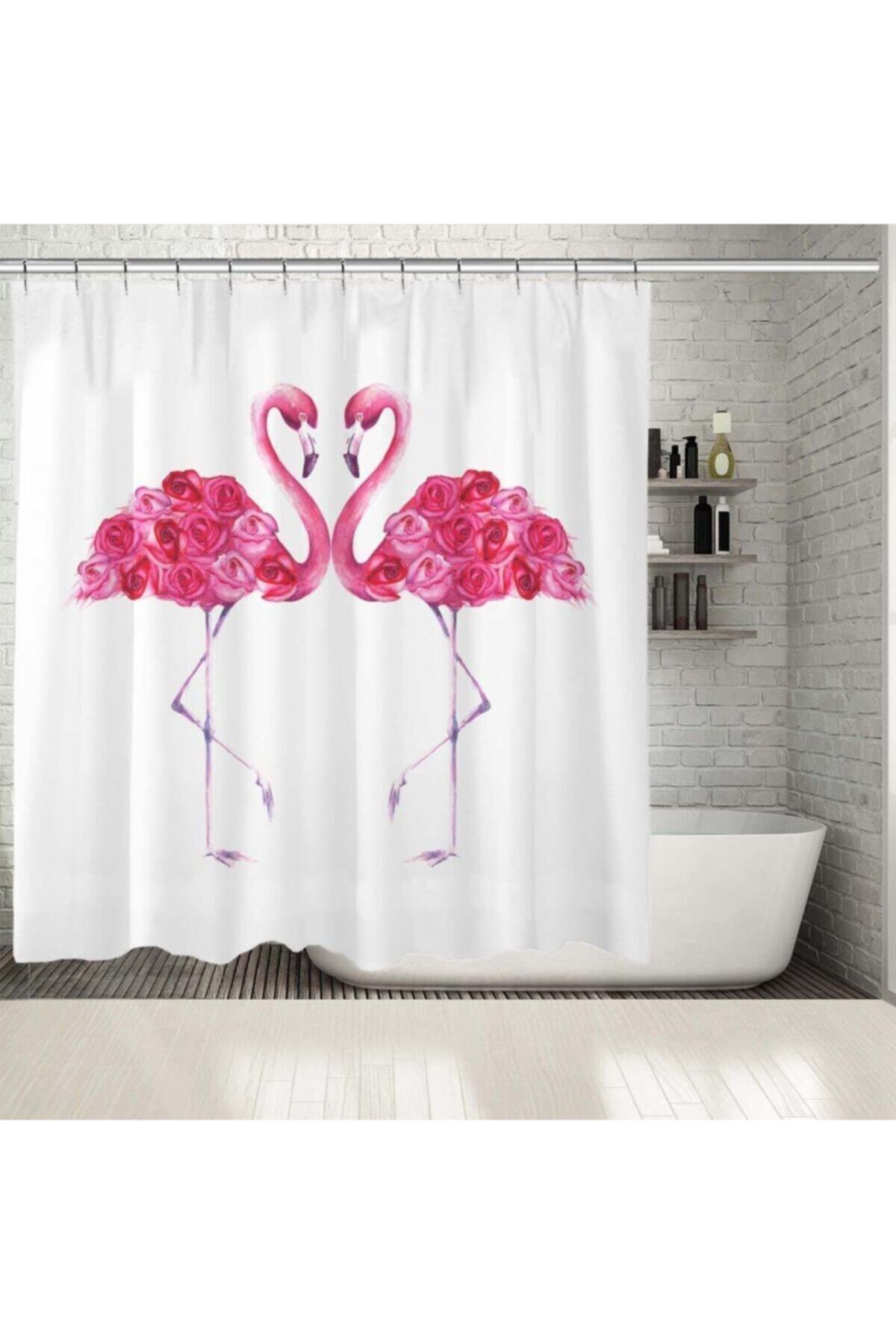 Henge Home Baskılı Duş Perde Sulu Boya Etkili Pelikan Gül Deseni