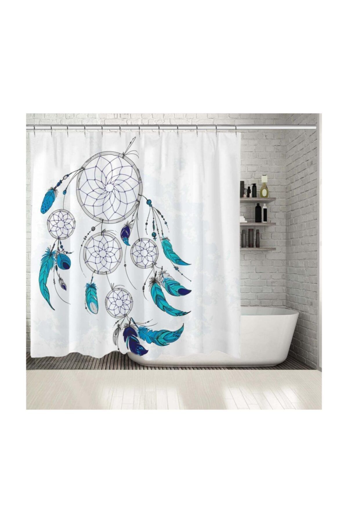 Henge Home Baskılı Duş Perde Rüya Kapanı Desenli Tüy Turkuaz Mavi