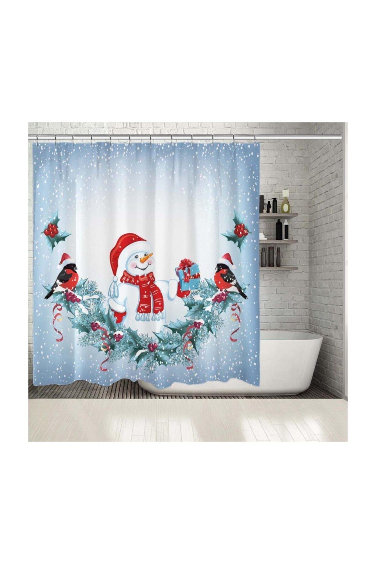 Henge Home Baskılı Duş Perde Noel Ağacı Tema Kardan Adam Yılbaşı Kırmızı