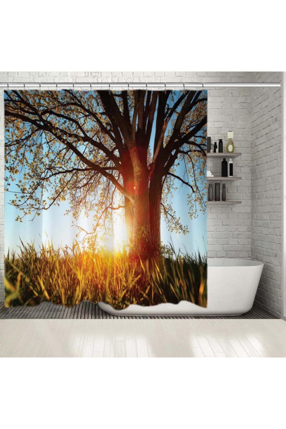 Henge Home Baskılı Duş Perde Bahar Gün Doğumu Ağaç Güneş Huzur Manzaralı