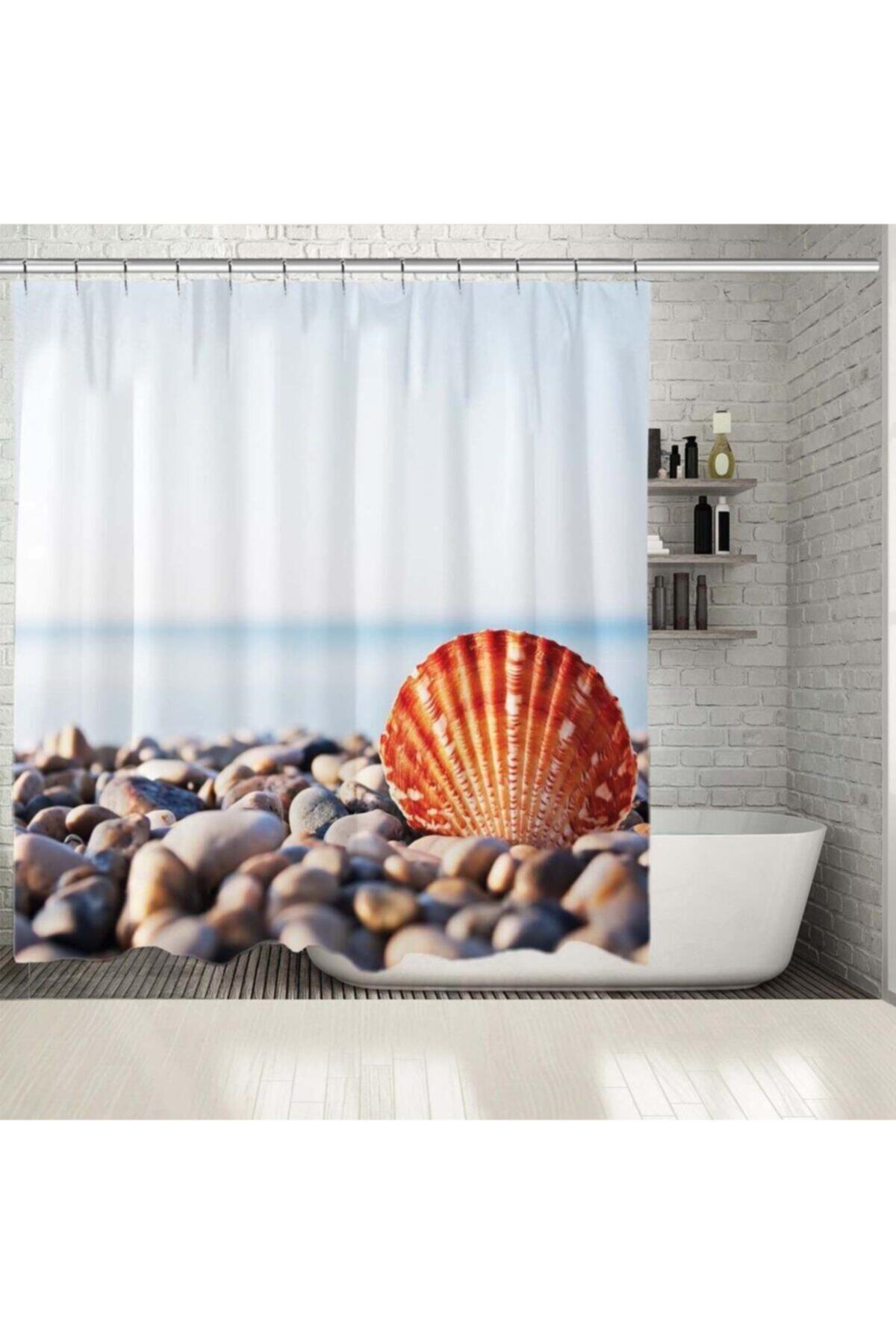 Henge Home Baskılı Duş Perde Deniz Taşı Deniz Kabuğu Deseni
