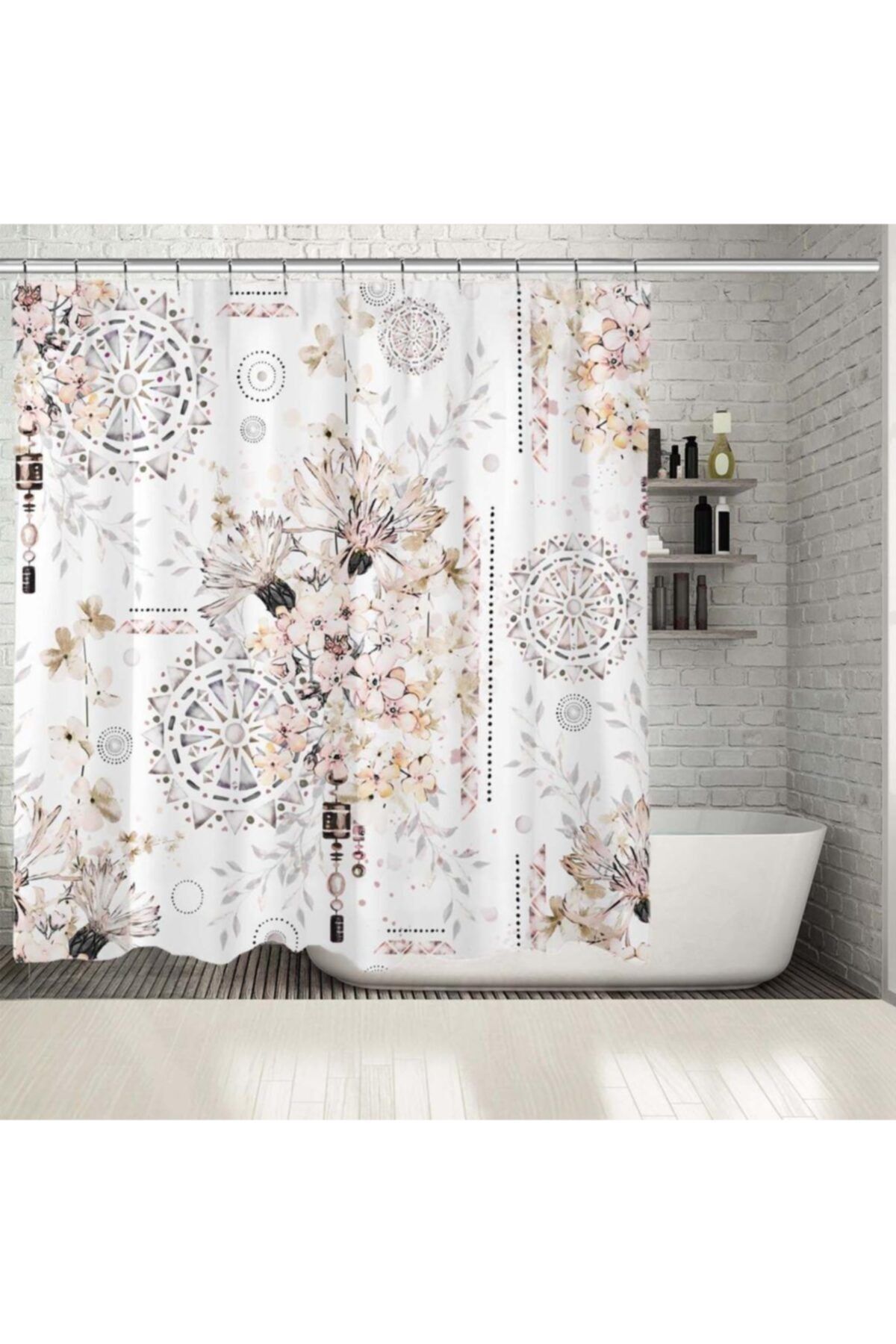 Henge Home Baskılı Duş Perde Etnik Etkili Soft Renkli Çiçek Desenli
