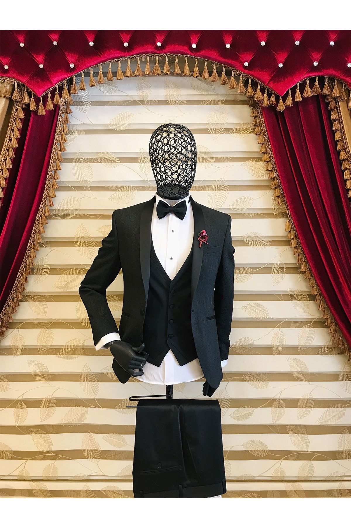 ADORNO Erkek Siyah Italyan Kesim Slim Fit Desenli Damatlık Set