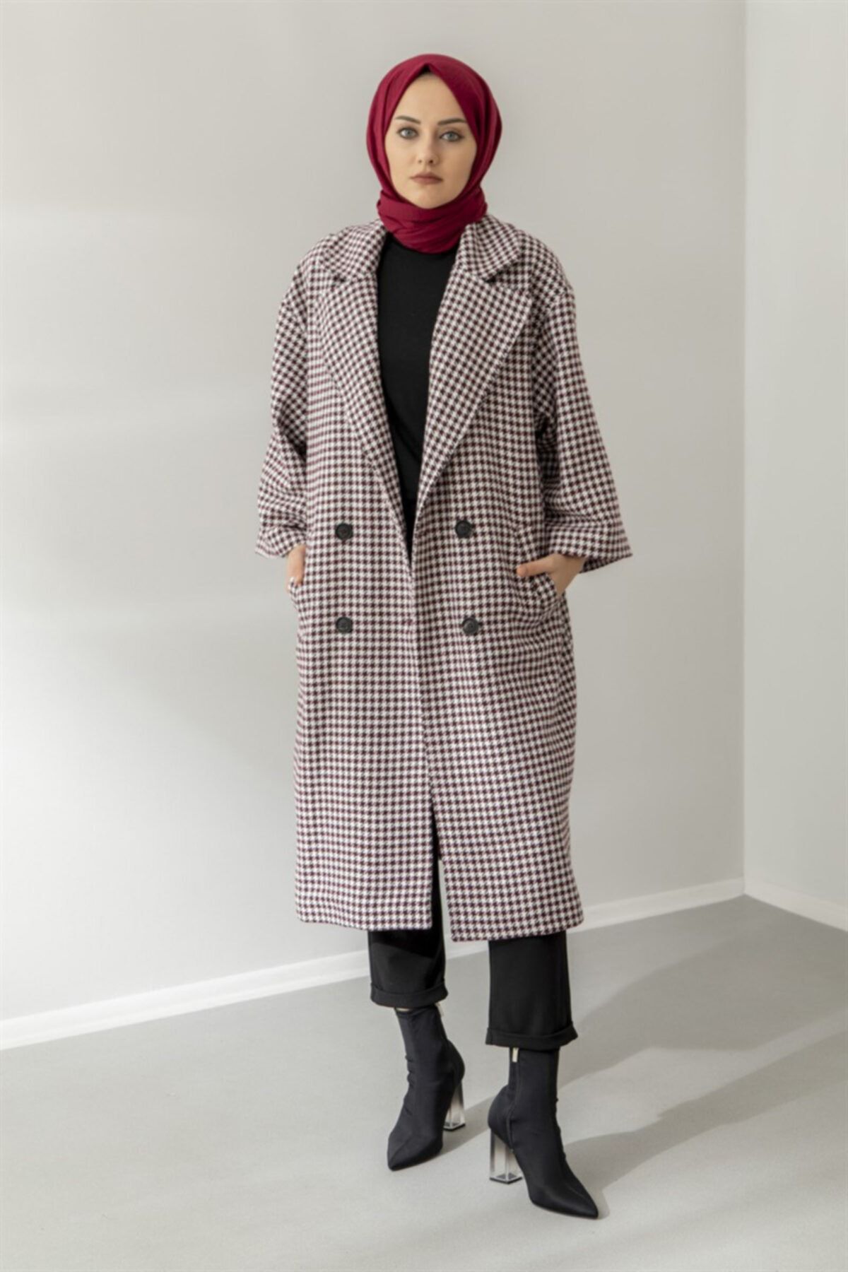 Meri Store Kadın Mürdüm Oversize Kazayağı Desen Kaşe Kaban
