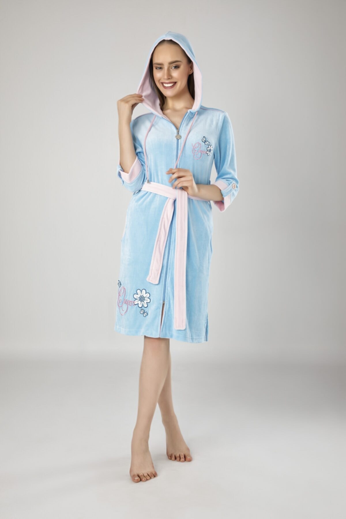 Nuşa Kadın Mavi Fermuarlı Bambu Cotton Sabahlık