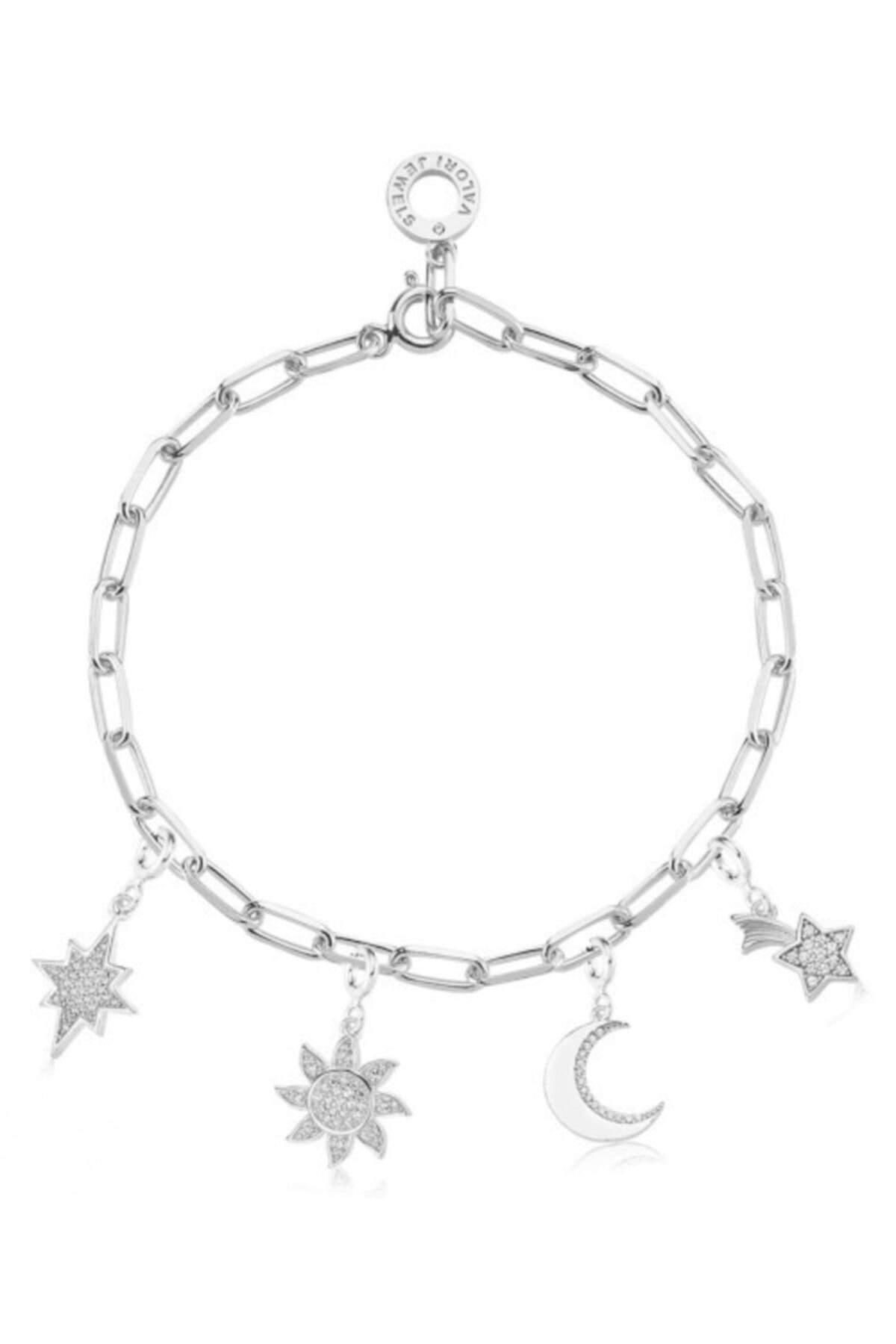 Valori Takı Kadın Gümüş Rengi Yıldız Güneş Ay, Swarovski Zirkon Taşlı,  Charm Bileklik Kombini