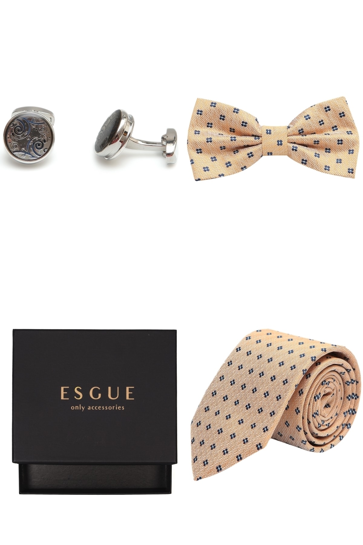 Esgue Erkek Sarı Papyon & Kol Düğmesi & Kravat Hediye Set