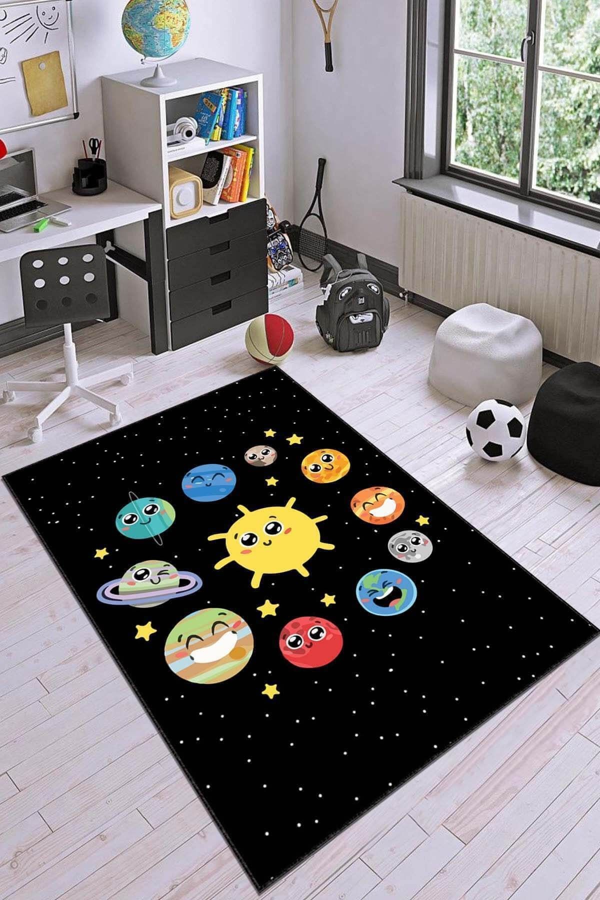Viva Weaver's Makinede Yıkanabilir Kaymaz Tabanlı Gezegenli Çocuk Halısı Ar789