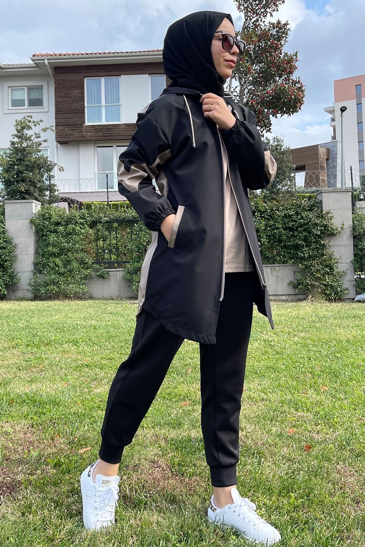 InStyle Kolu Şerit Çift Renk Trenç - Siyah \\ Taş