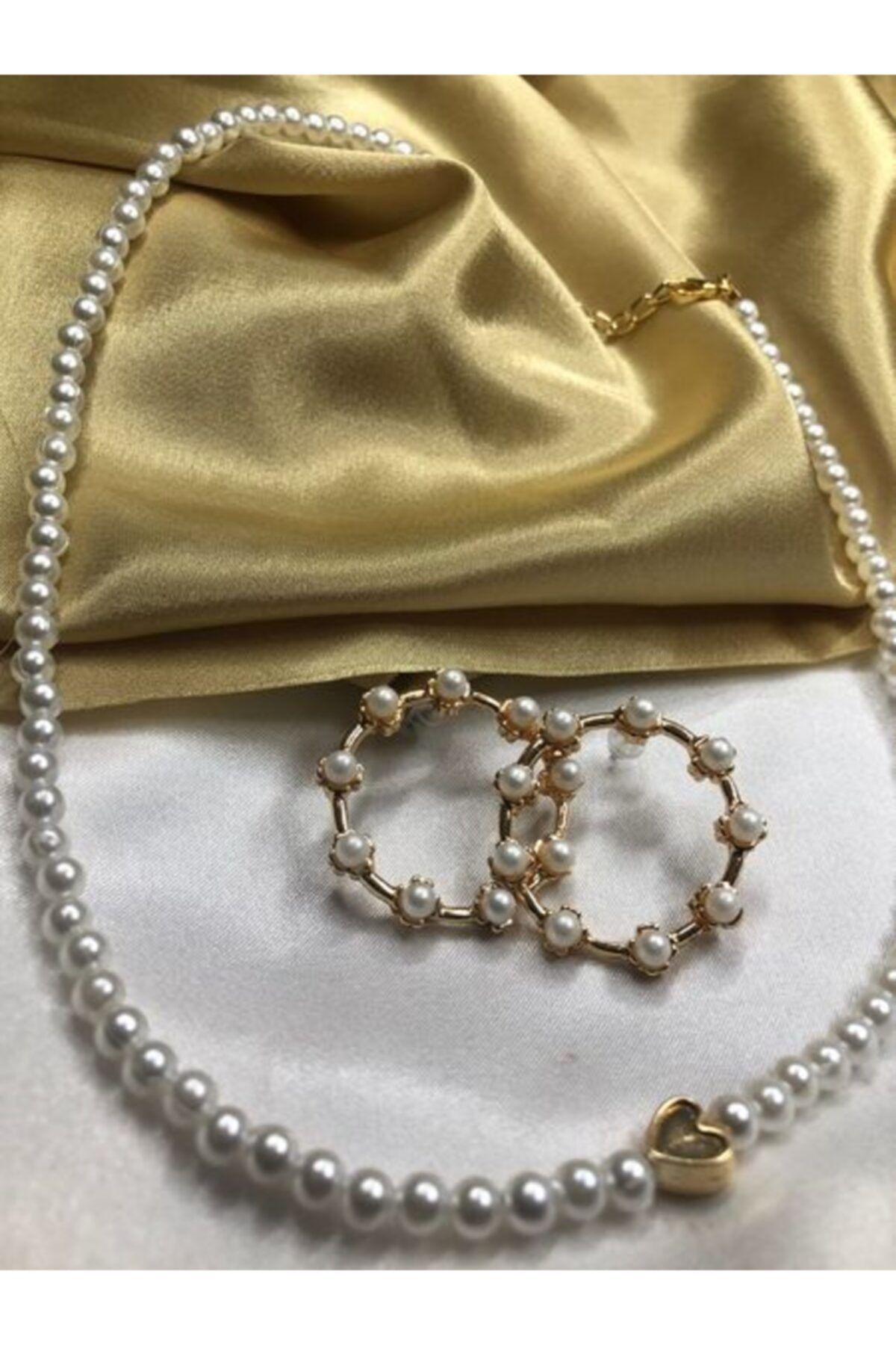 Medusa Jewellery Kalp Detaylı Cam Inci Kolye Ve Küpe Seti