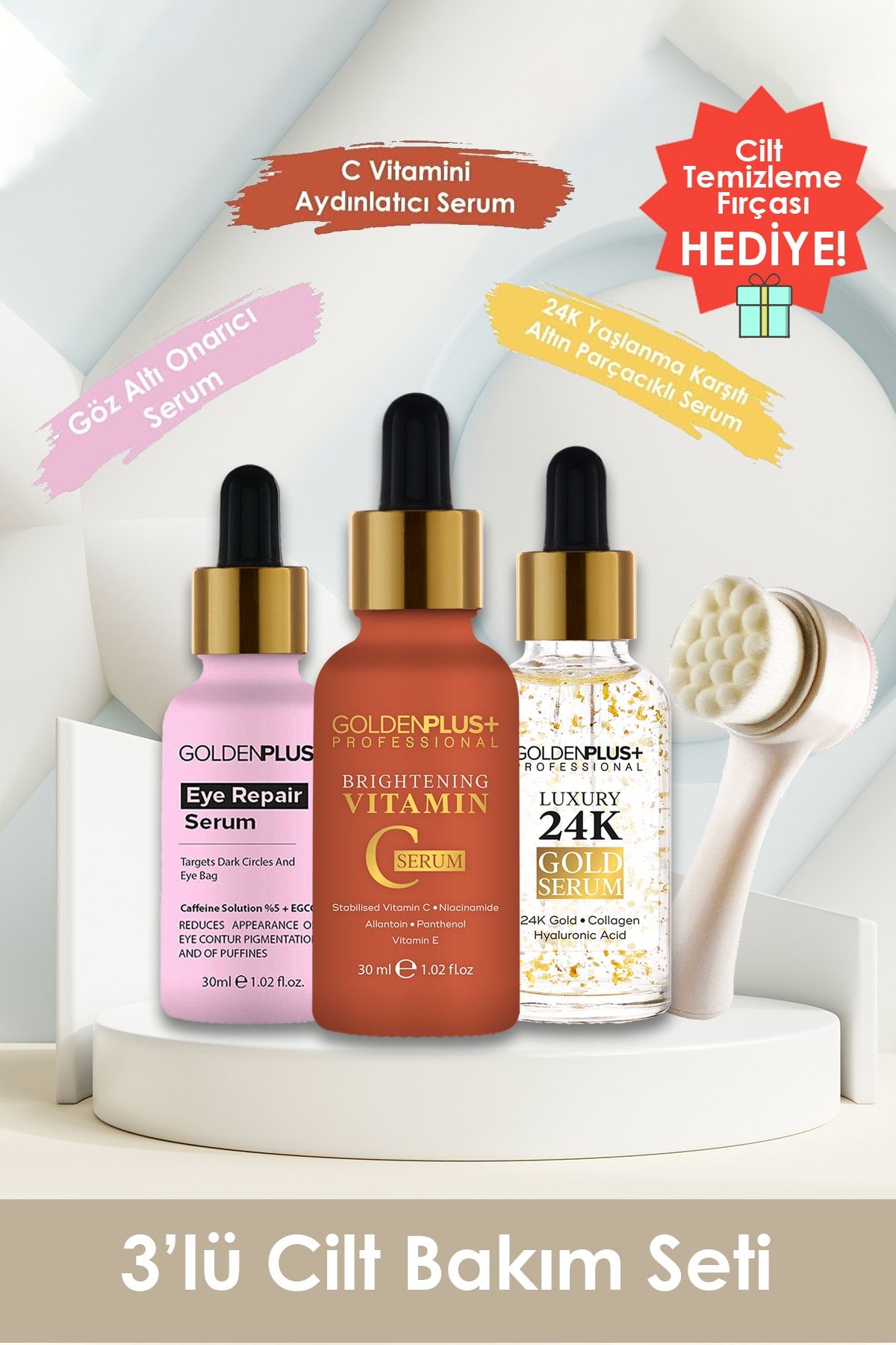 GoldenPlus Mucizevi 3'lü Serum Seti (C Vitamini Serumu + 24k Serum + Gözaltı Serumu)