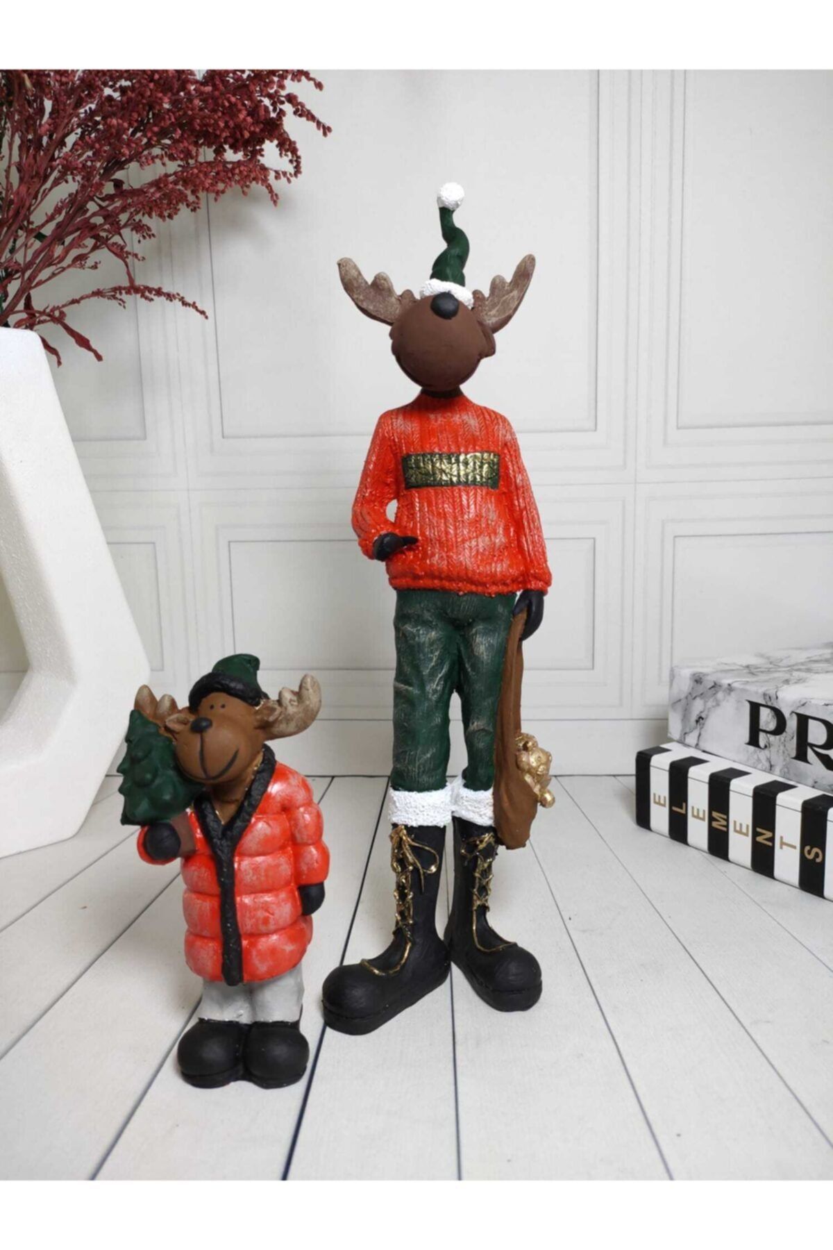 biomaxi plus Uzun Geyik Ve Geyik Noel Baba Heykeli Yeni Yıl New Year Yılbaşı (32X8CM&14X7CM)