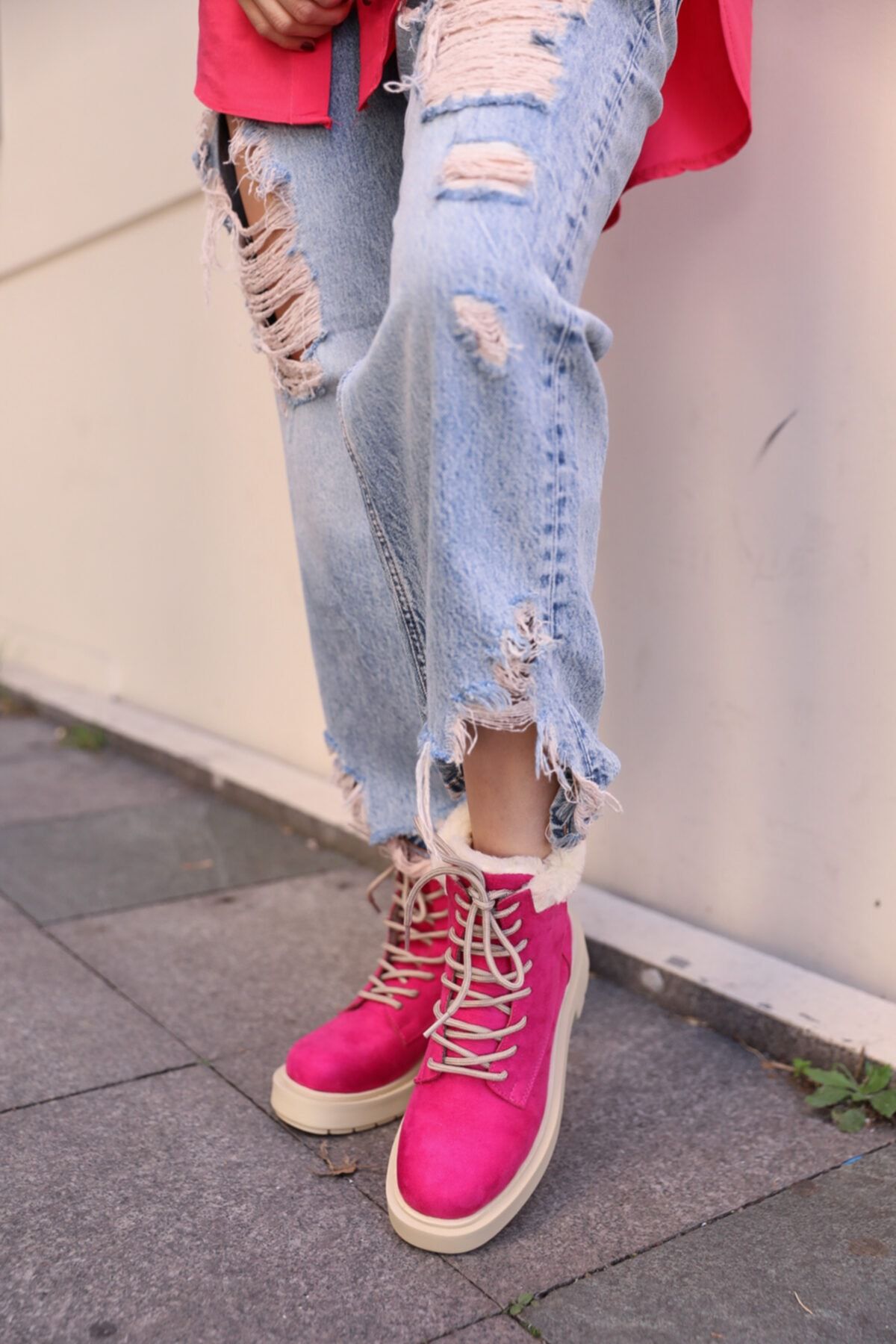 BasmakShoes Poli Fuşya Süet Bağcıklı Bot