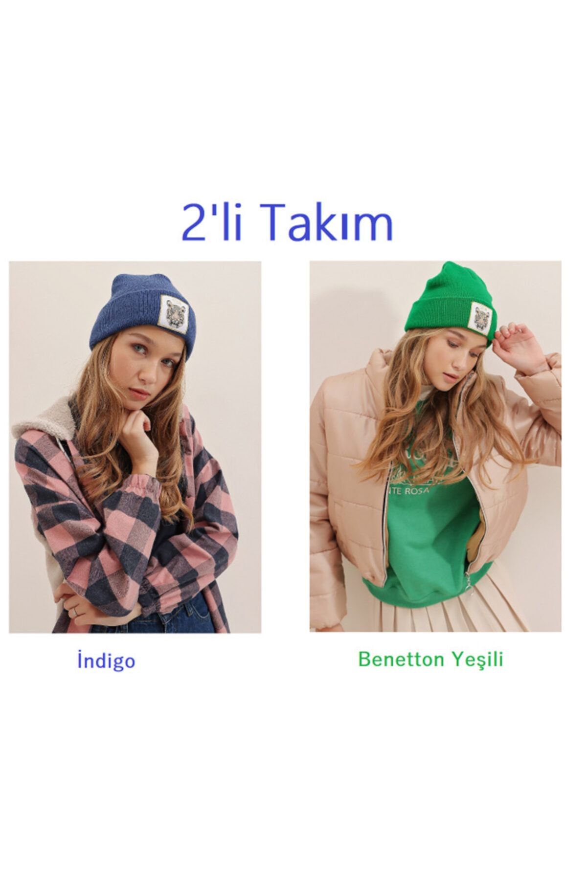 Adresvergelsin Unisex Kaplan Armalı Indigo Ve Benetton Yeşili 2'li Takım Bere