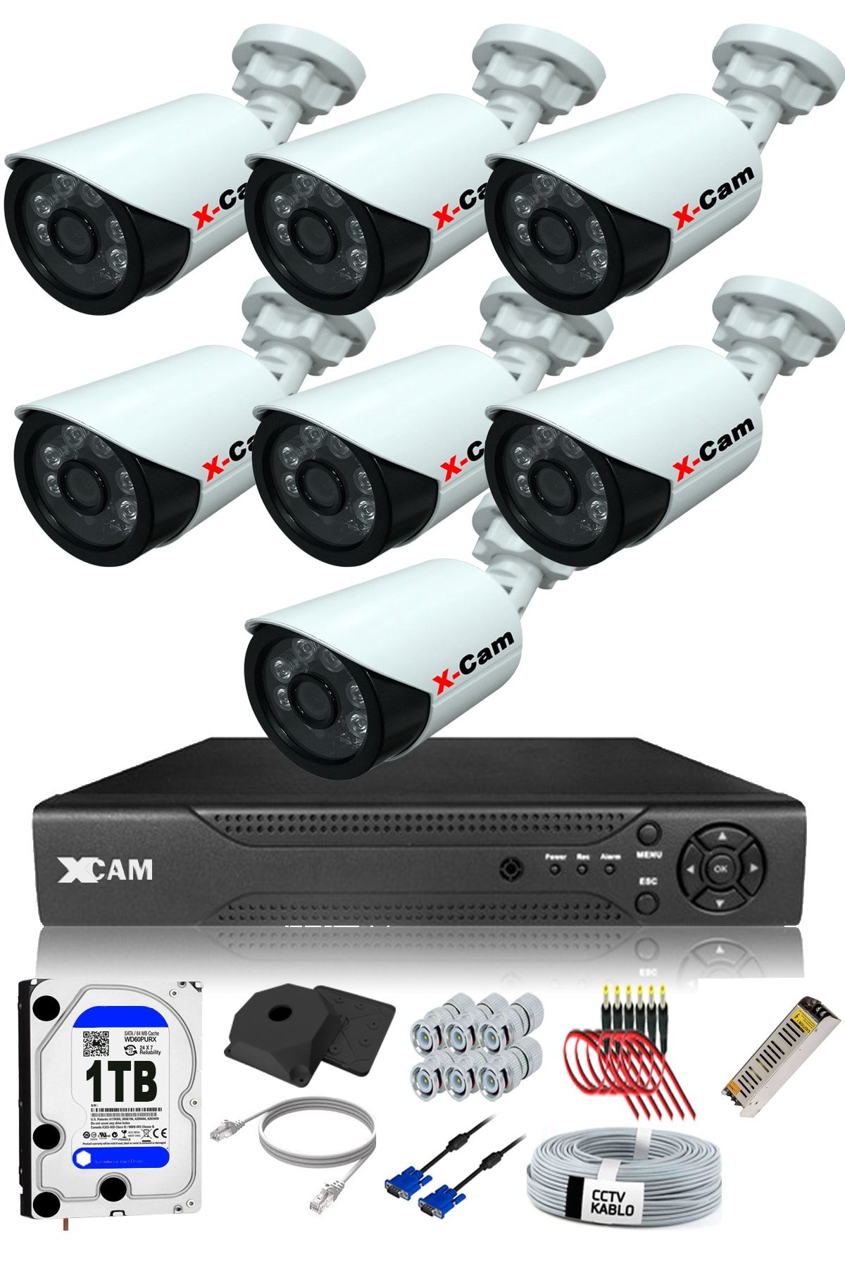 XCAM 7 Kameralı 5mp Sony Lensli 1080p Fullhd Güvenlik Kamerası Sistemi - Cepten Izle - Gece Görüş -1tbdış