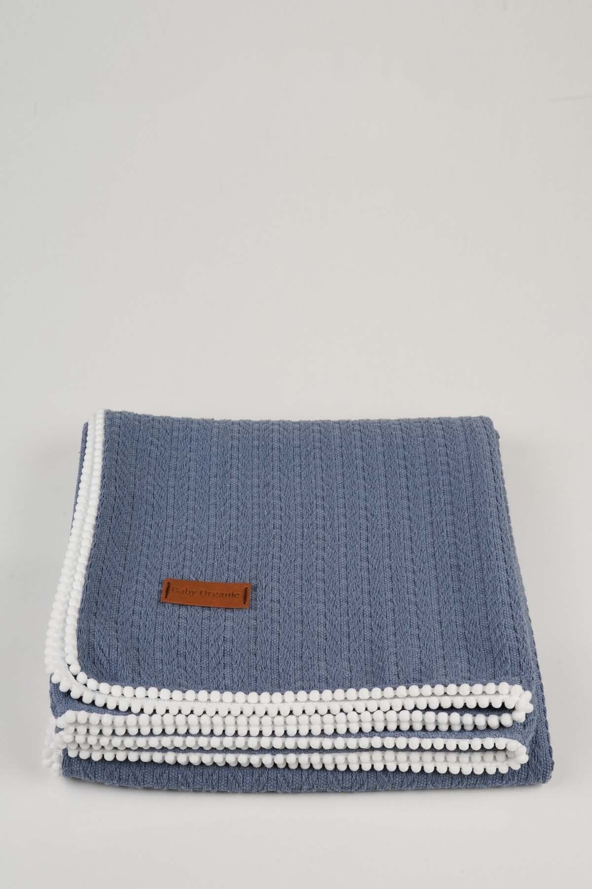 baby organic %100 Pamuk Örgü Desen Bebek Pikesi 110 X 110 Cm Indigo Mavi / 1 Adet