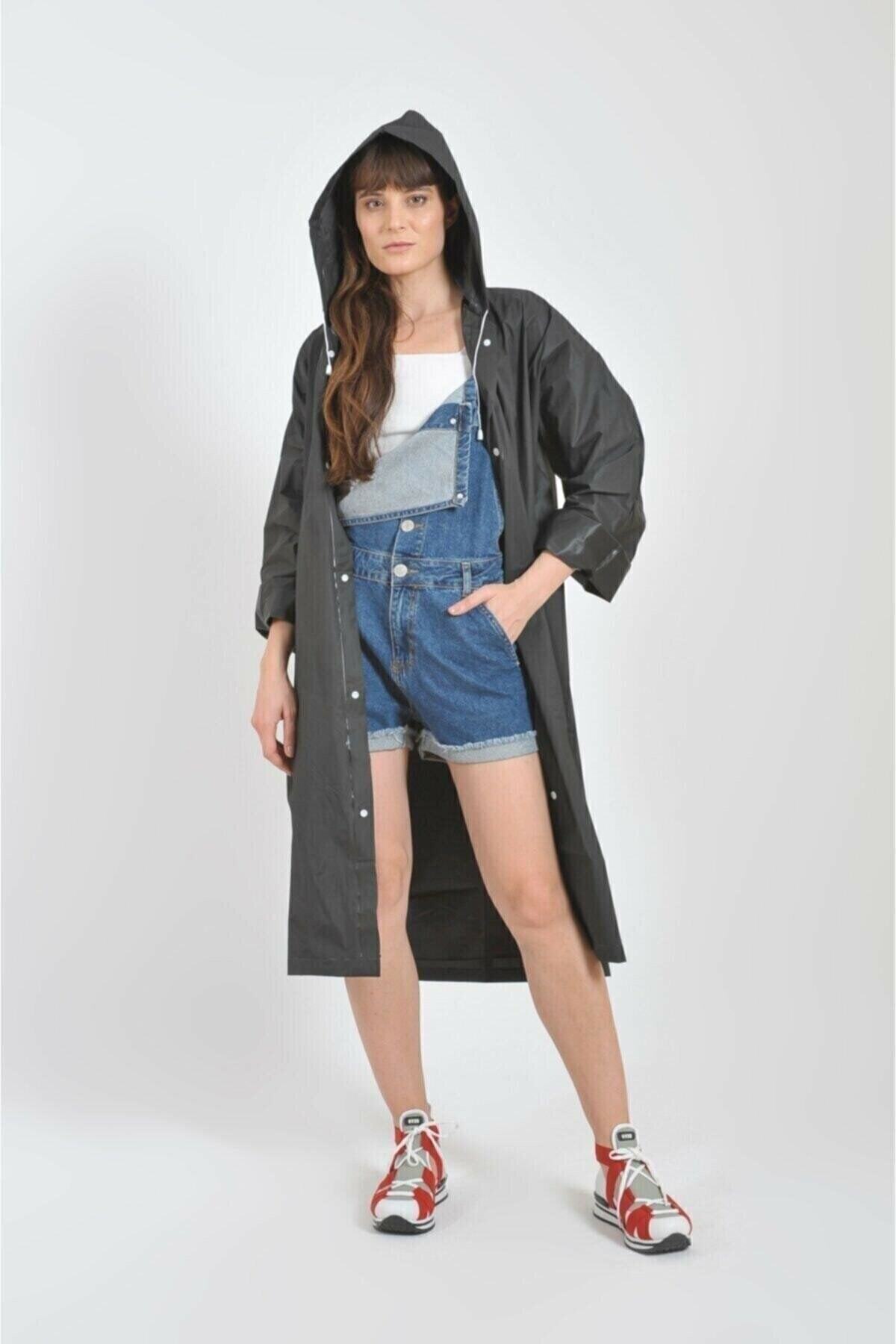 7 Moda Unisex Yağmurluk, Şeffaf Su Geçirmez Pvc Şık Kıyafetüstü Eva Yağmurluk, Siyah