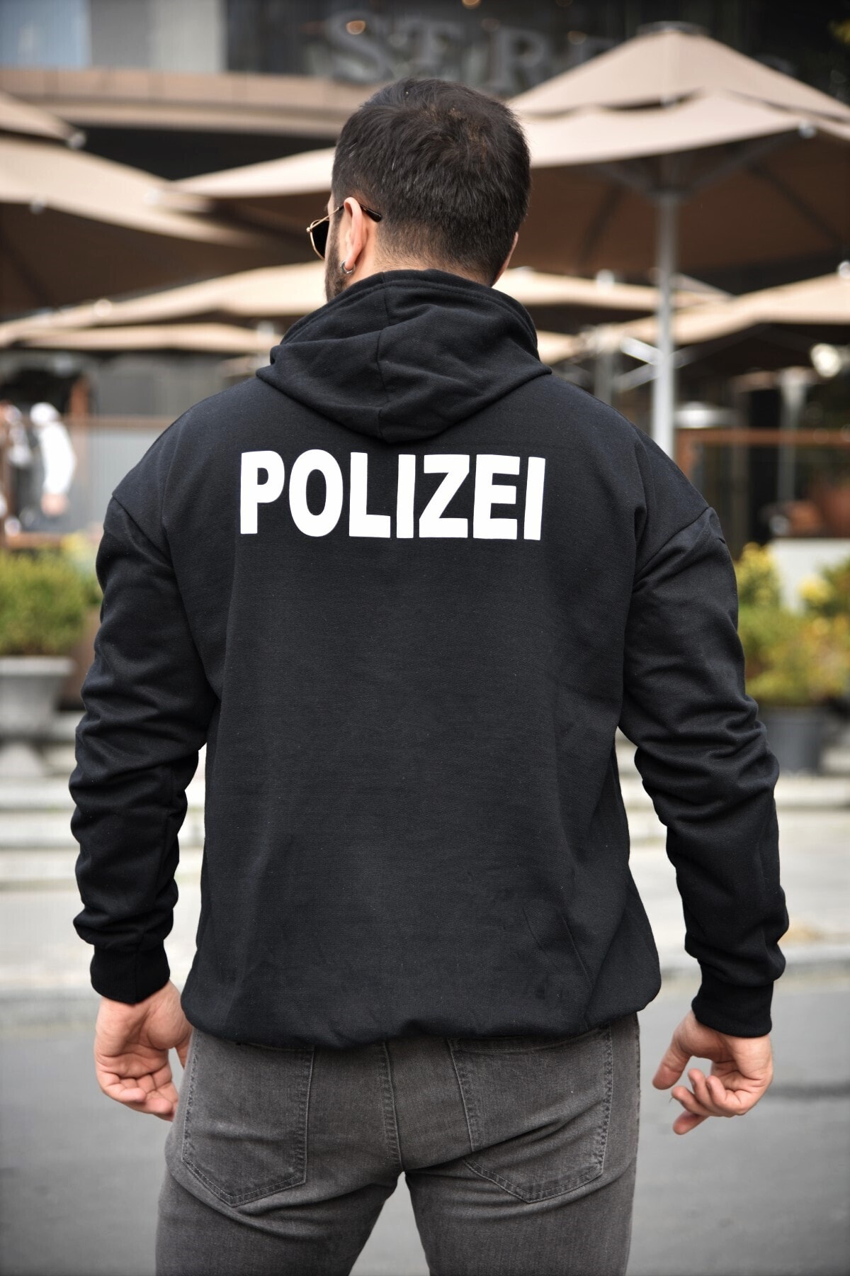 VİP LOKAL Siyah Polizei Baskılı Extra Oversize Kapüşonlu Sweatshirt
