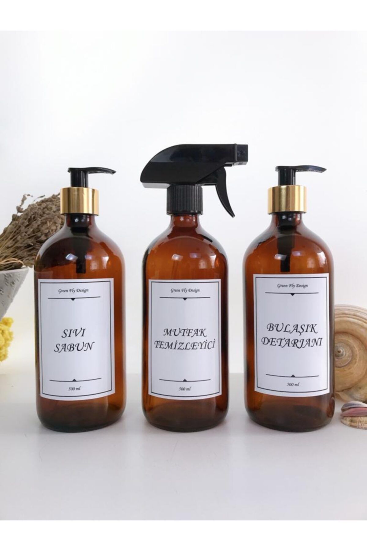 GREEN FLY DESİGN Amber Cam Şişe 500 Ml Sıvı Sabun, Mutfak Temizleyici, Bulaşık Deterjanı