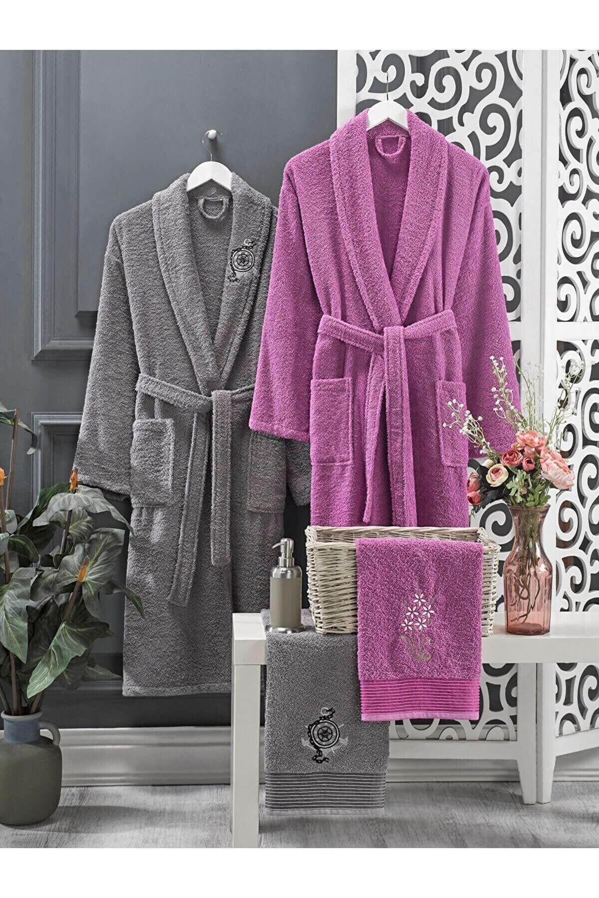 Elmira Textile 4 Parça Aile Bornoz Seti Kadın Erkek Havlulu Bornoz Takımı %100 Mor Gri