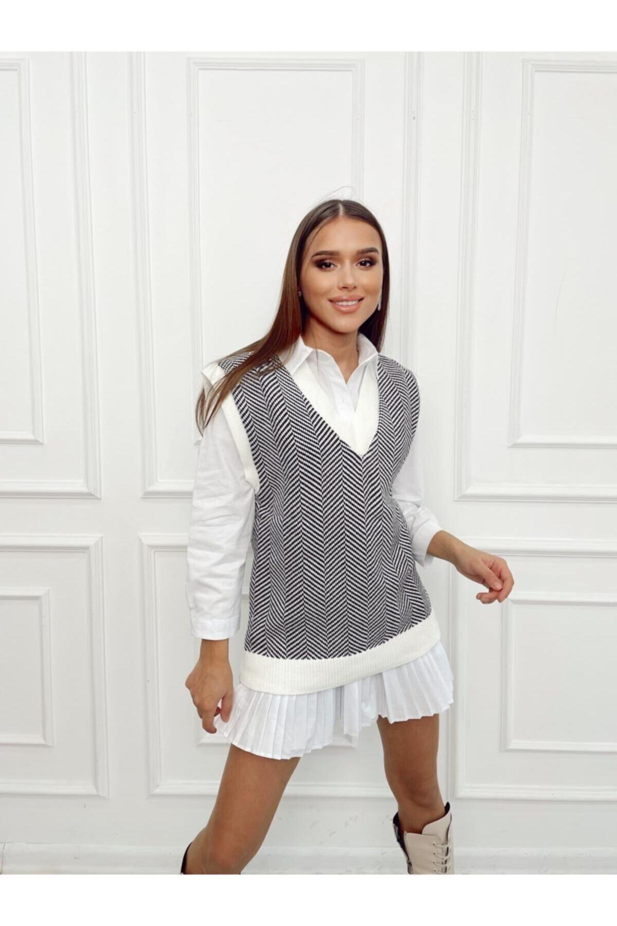 MelissaMiss Butik Gri V Yaka Zigzag Süveter