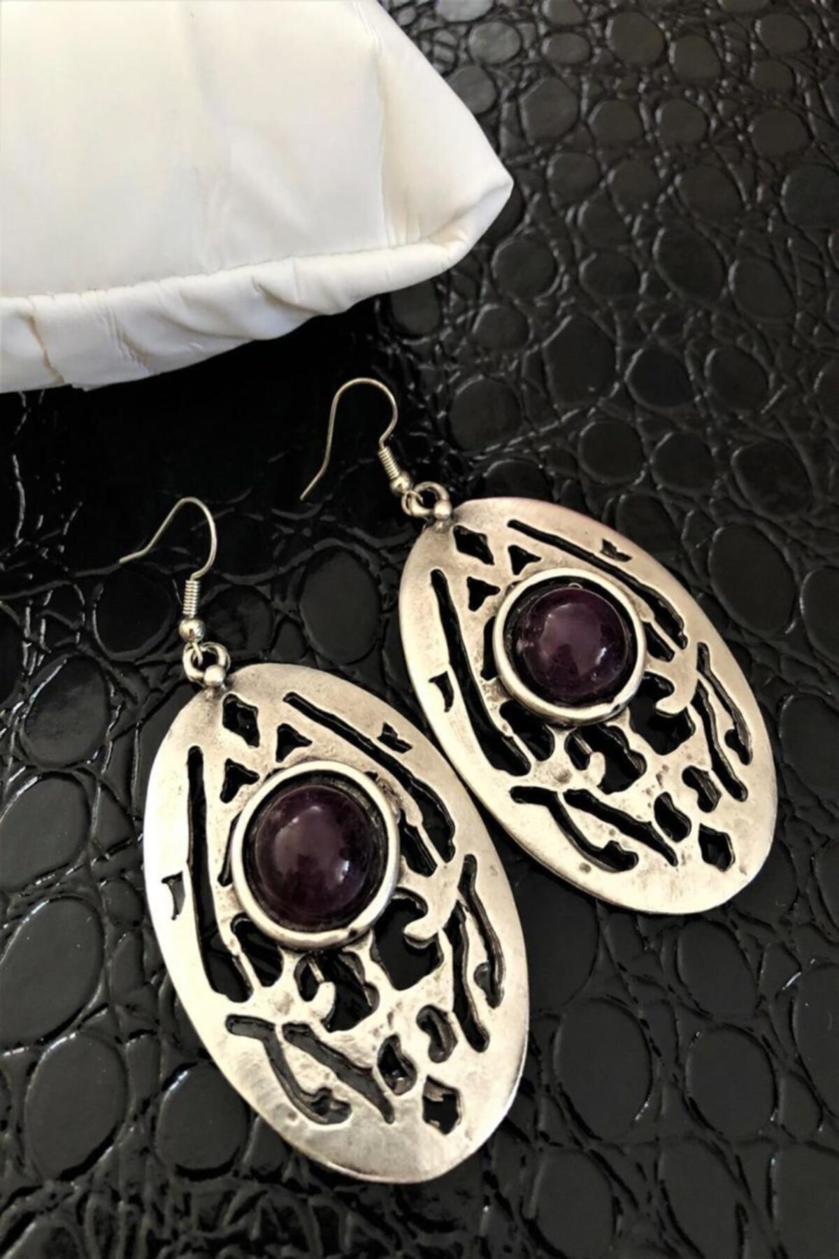 ZAVANSA Doğaltaş El Yapımı Nepal Antique Ametist Taşı Küpe Ahl108