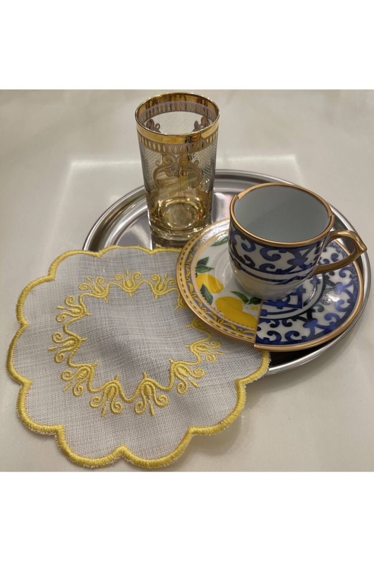 7DECORSS Keten Sarı Nakışlı Kokteyl Peçetesi Bardak Altlığı