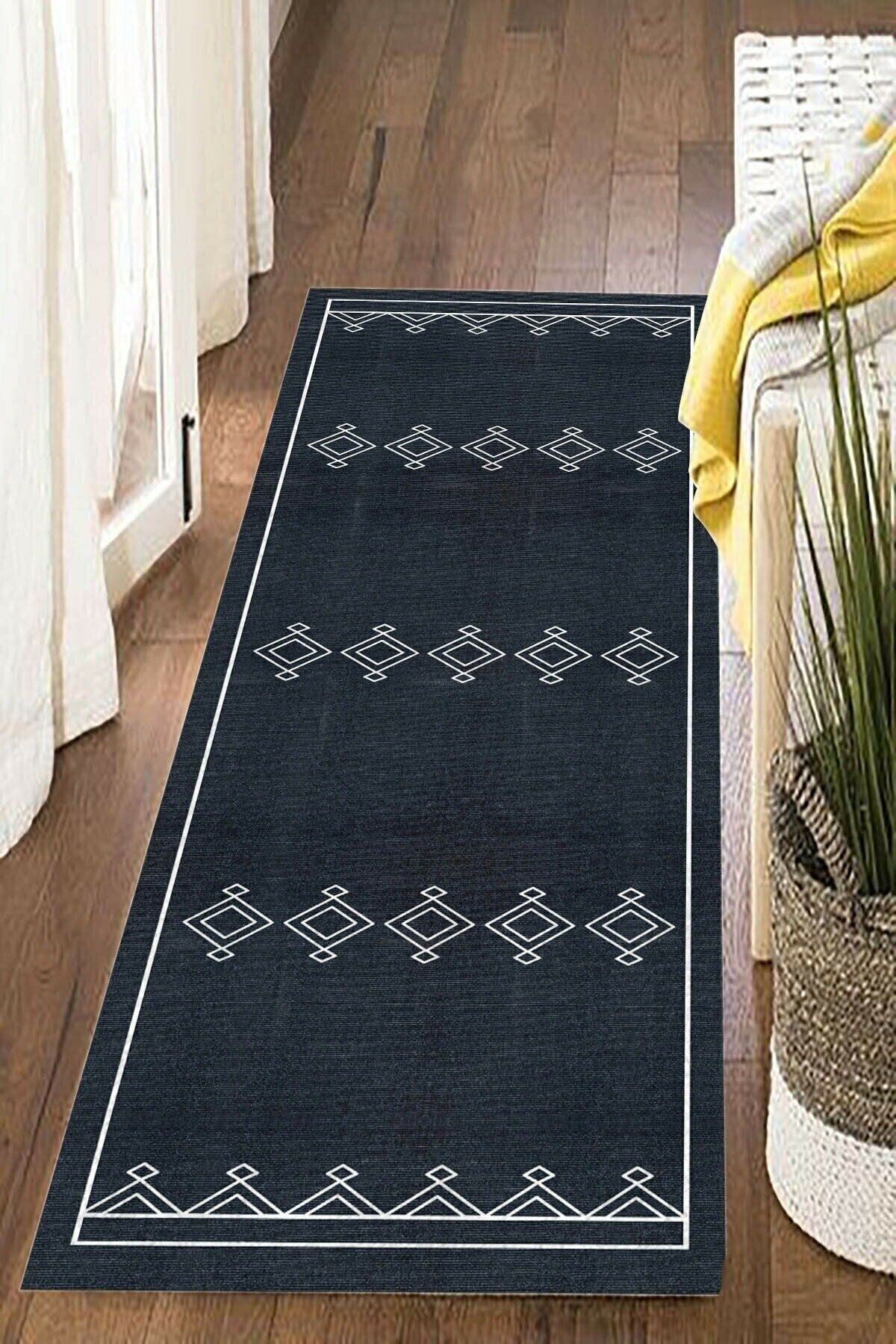 NEVA HOME Dijital Baskılı Yıkanabilir Lacivert Zeminli Etnik Desenli Yolluk Ve Halı