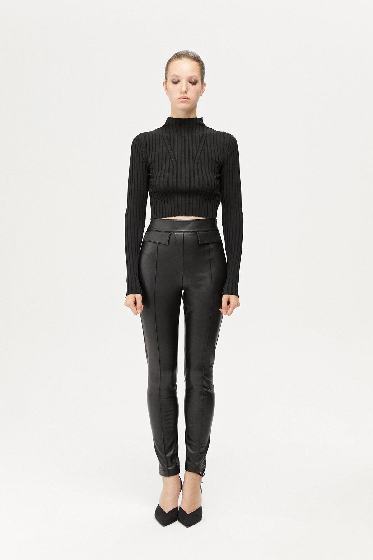 rue. Siyah Yüksek Bel Deri Görünümlü Tayt