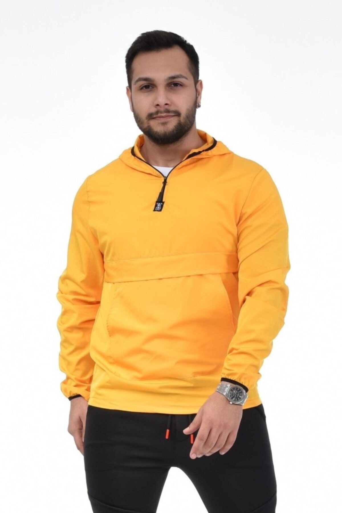 VİP LOKAL Erkek Sarı Rüzgar Su Dayanıklı Su Geçirmez Kanguru Cep Yağmurluk