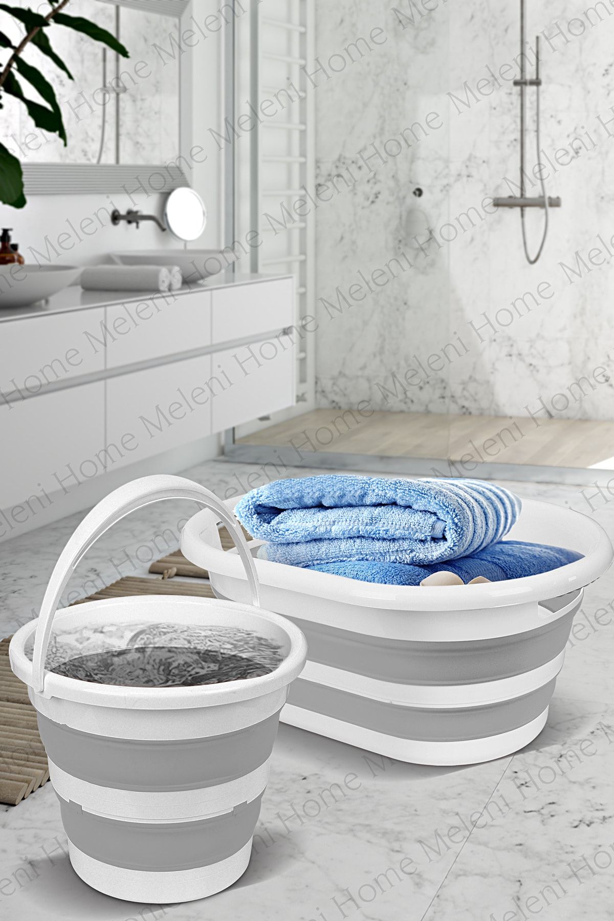 Meleni Home 2'li Set 40 Lt Katlanabilir Çamaşır Sepeti Sele 12,8 Lt Katlanabilir Akordiyon Su Kovası