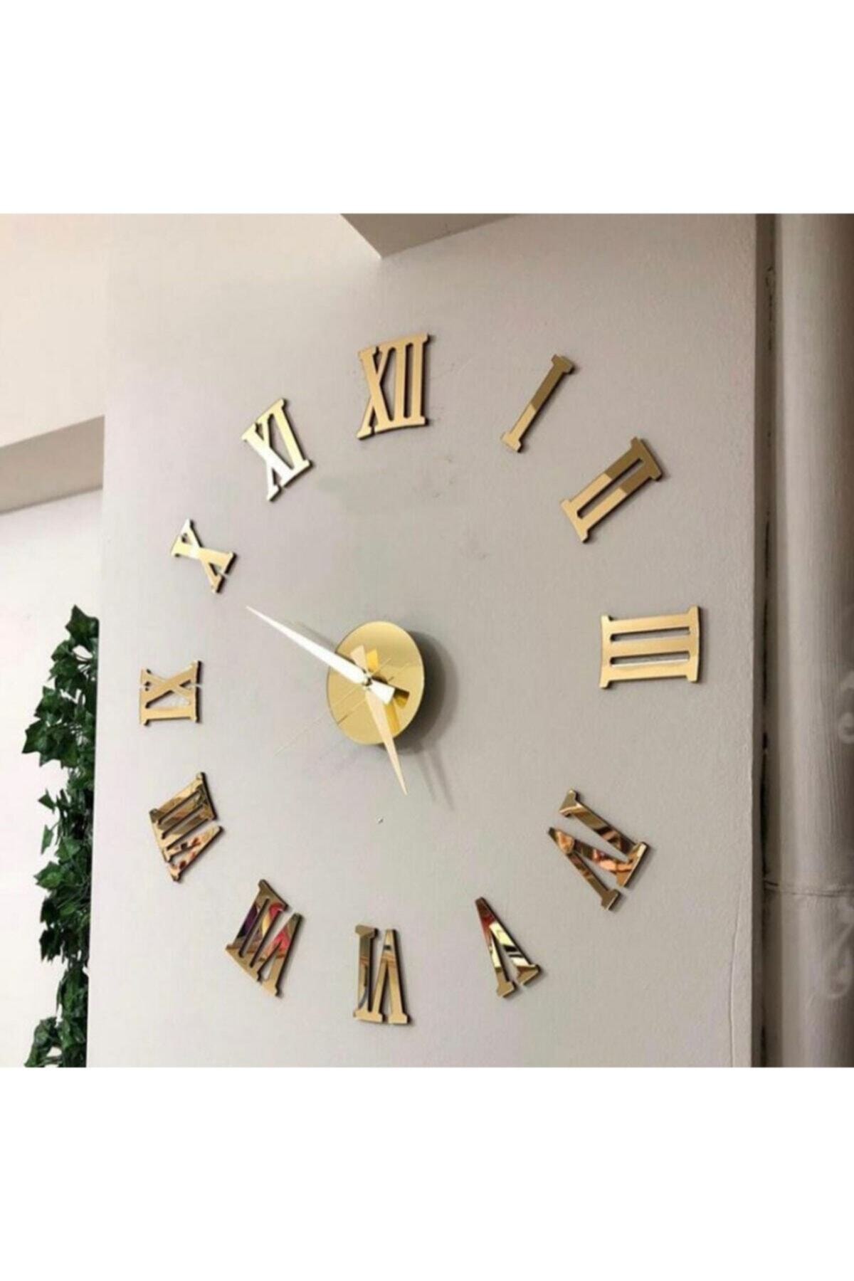 HYL Pleksi Göbek Duvar Saati Büyük 3d Romen Rakamlı Duvar Saati Gold
