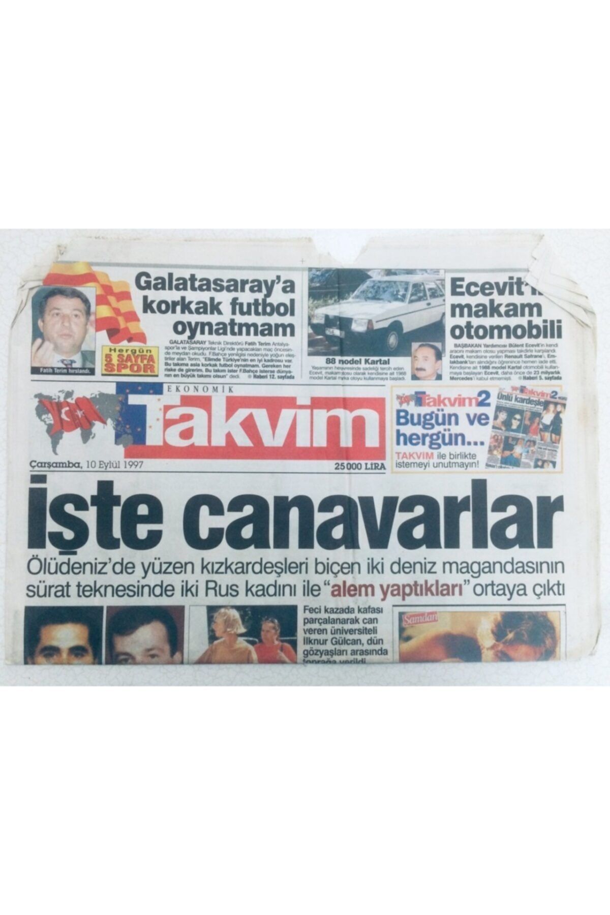 Gökçe Koleksiyon Takvim Gazetesi - 10 Eylül 1997 - Tarık Akan'ın Yatak Sahneleri ,cartel'den Ayrılıp Karakan Grubu K