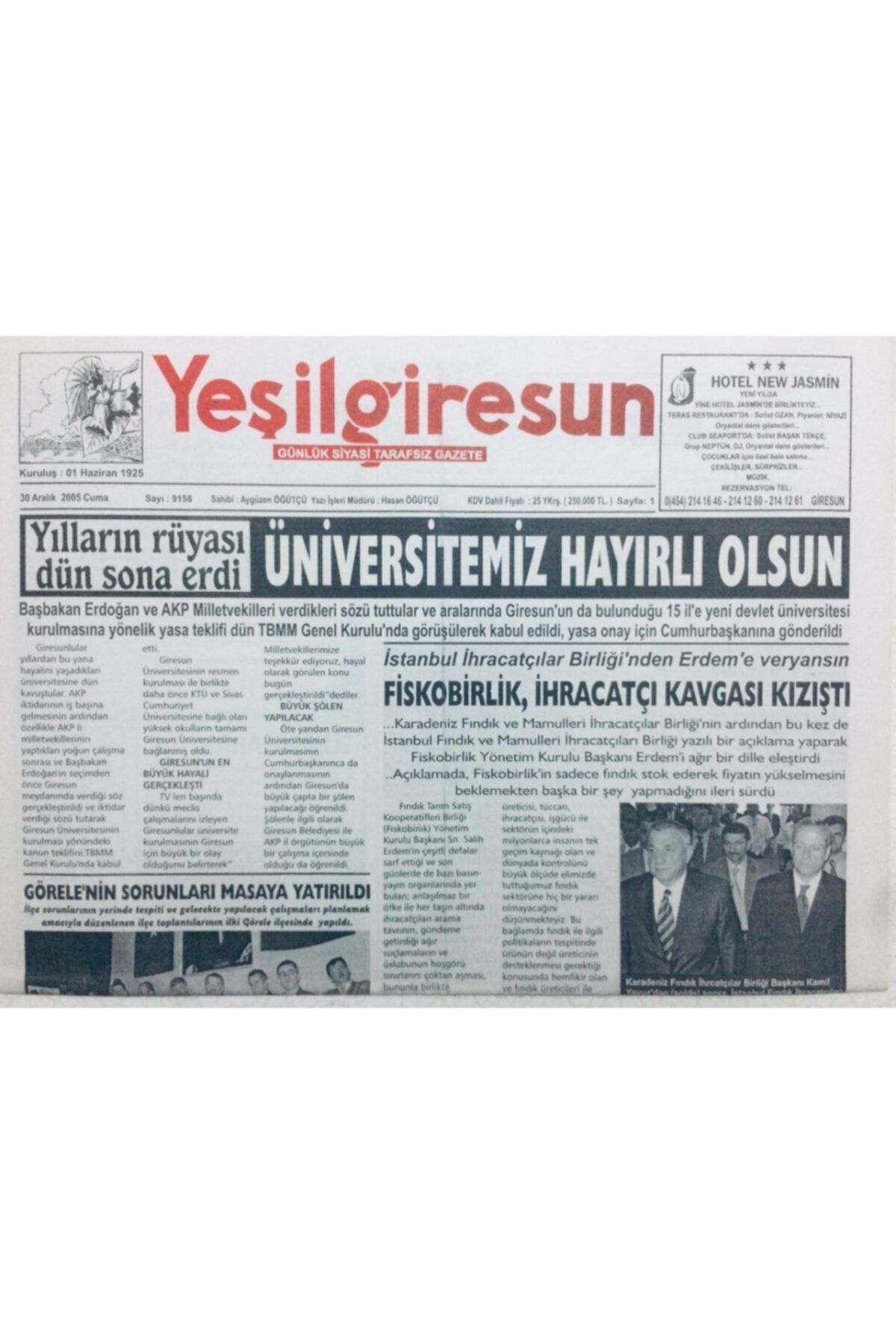 Gökçe Koleksiyon Yeşil Giresun Gazetesi 30 Aralık 2005 - Fiskobirlik Ihracatçı Kavgası Kızıştı Gz41124