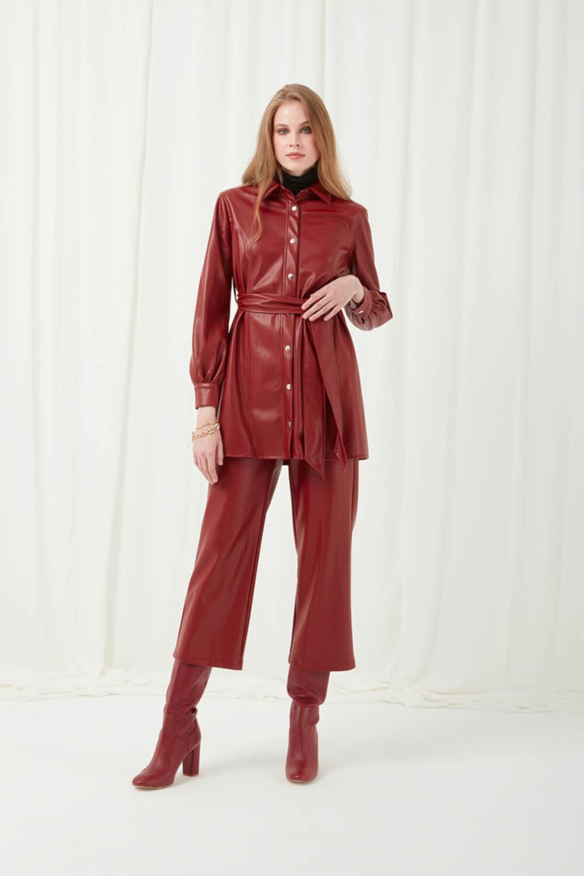 Mizalle Suni Deri Beli Kemerli Bordo Tunik