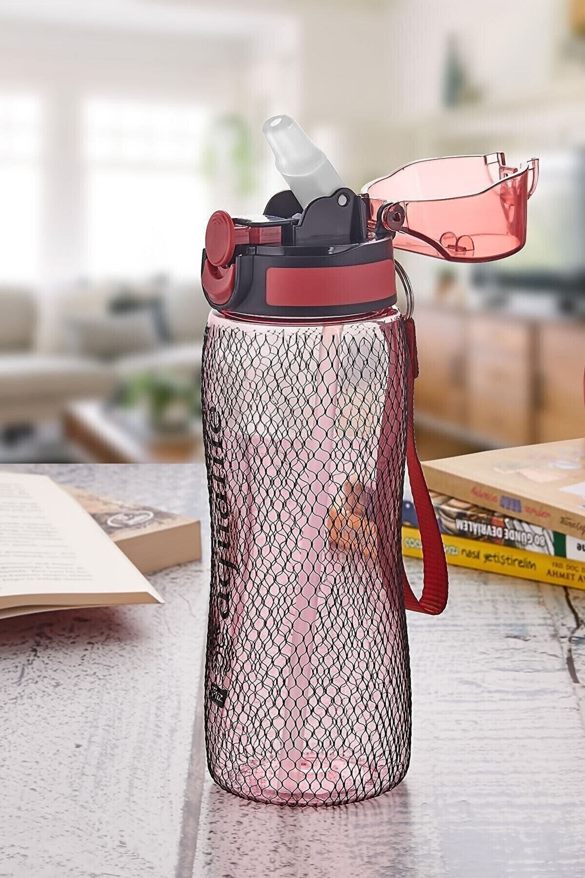 TEKNO İSTANBUL Pipetli Rio Su Ve Detoks Su Şişesi Matara Policarbon 750 ml Kırmızı