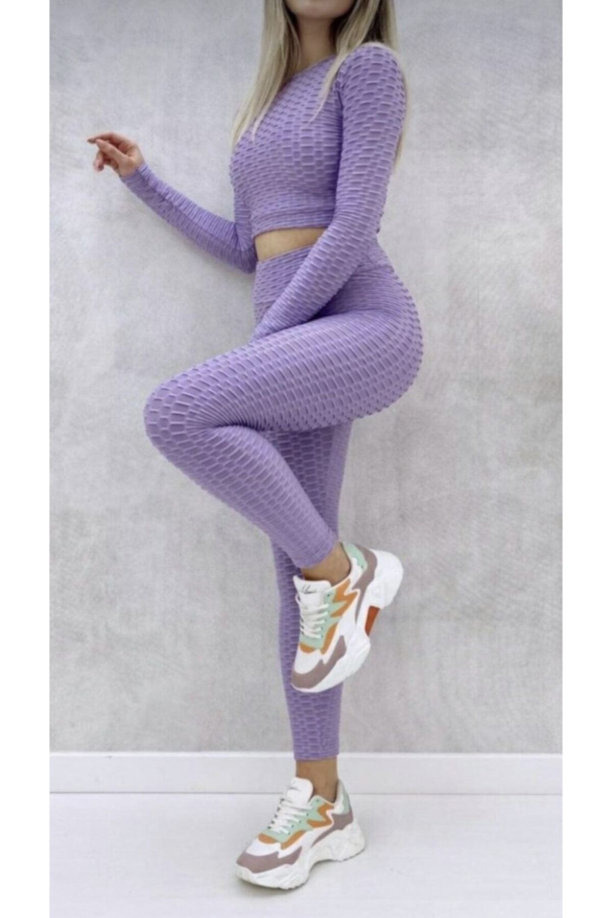 Nova Blackmoon Petek Desen Crop Tayt Takım Lila