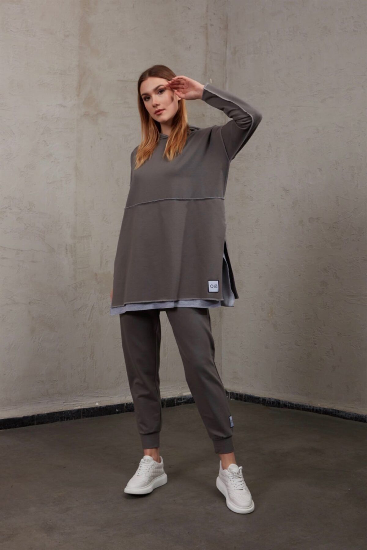 oia Gri W-0902 Pamuklu Tunik Pantolon Takım Eşofman Takım