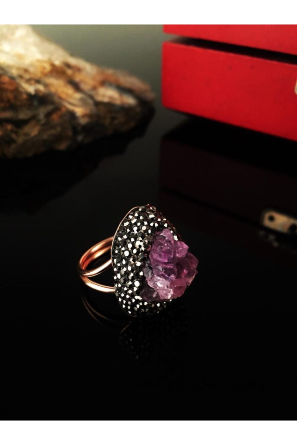 ZAVANSA Doğaltaş Kadın Rose Altın Kaplama Ametist Taşı Ayarlanabilir Yüzük Krb259