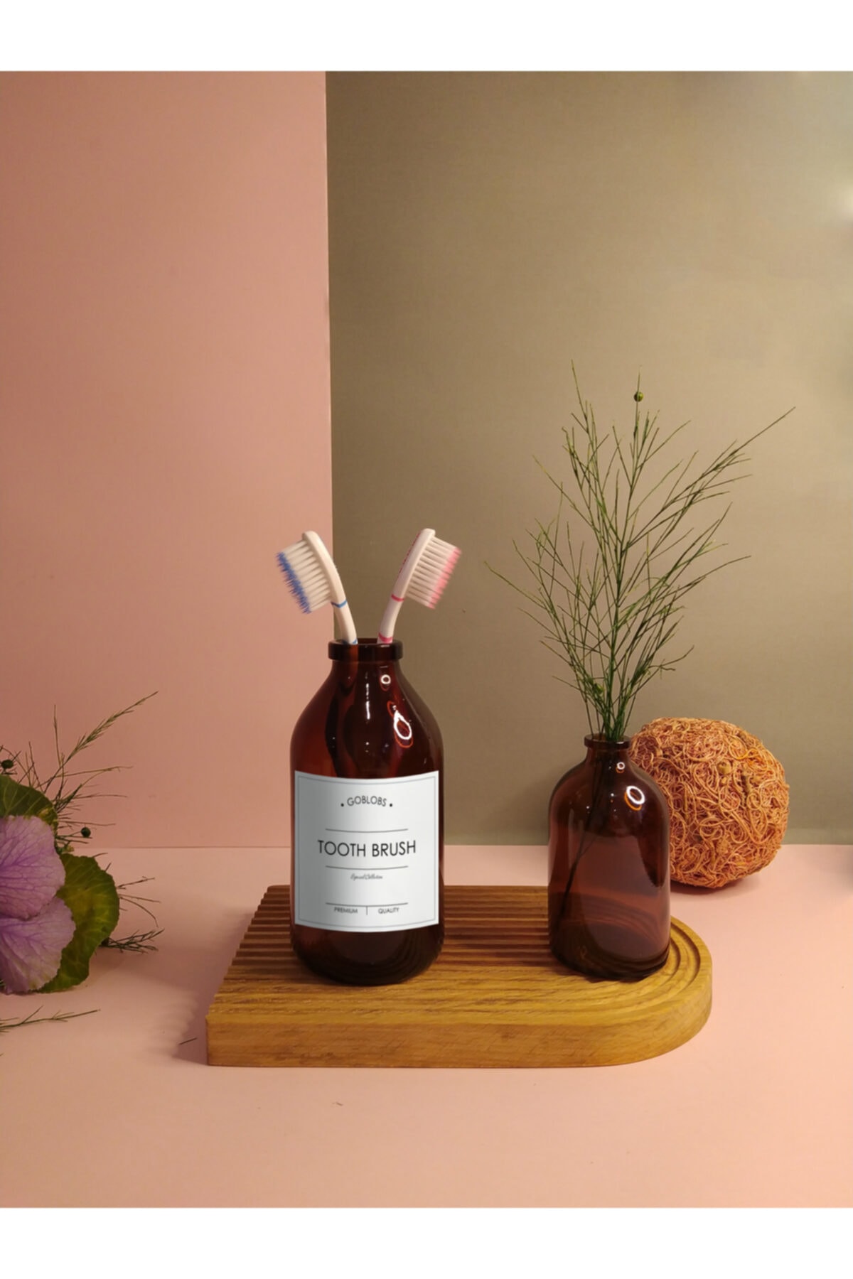 GO BLOBS 250ml Orta Mini Amber Kahverengi Tooth Brush Beyaz Etiketli Cam Diş Fırçalık