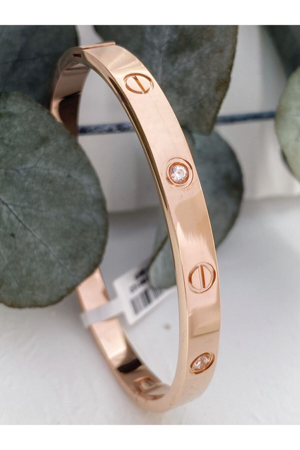 Owentis Çelik Rose Gold Cartier Taşlı Kelepçe 5 mm Kararma Yapmaz