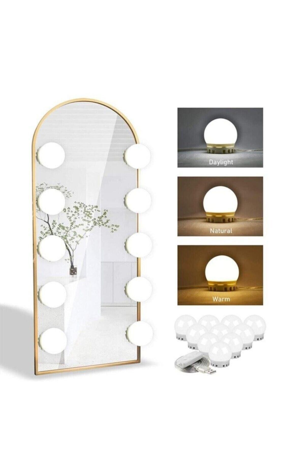 Salkım Home Nostalji Hollywood Tarzı 10'lu Makyaj Masası Aynası Beyaz Led Işıklı Lamba Usb