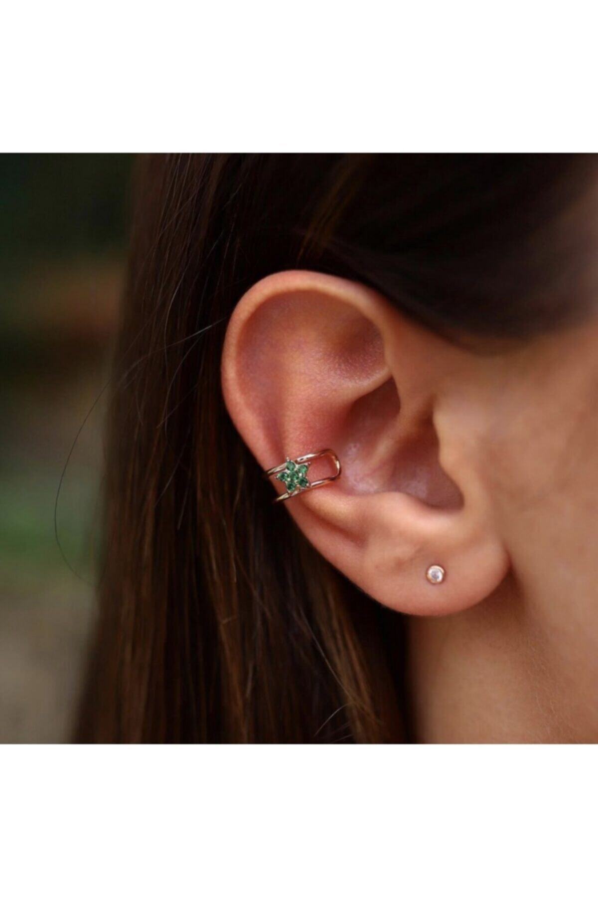 Çağdaş Kuyumculuk Yeşil Çiçek Earcuff