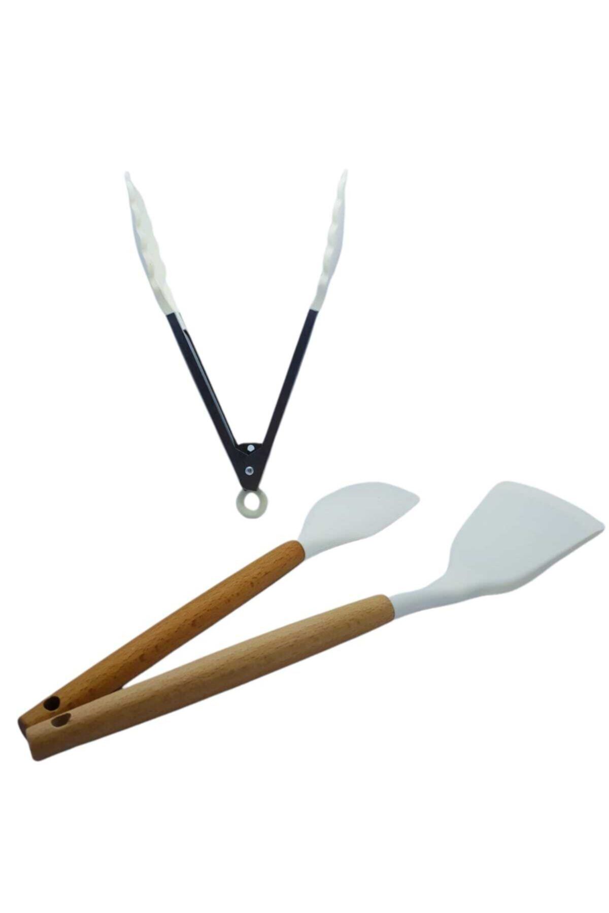 Bycomo Ahşap Saplı Yanmaz Yapışmaz Lüks Silikon Maşa Spatula 3' Lü Takım